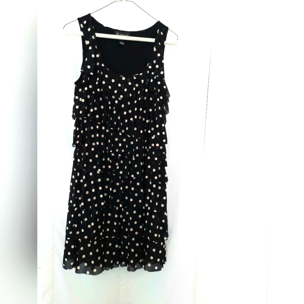 INC International Concepts Black White Polka Dot Frill Layer Women Dress Size L